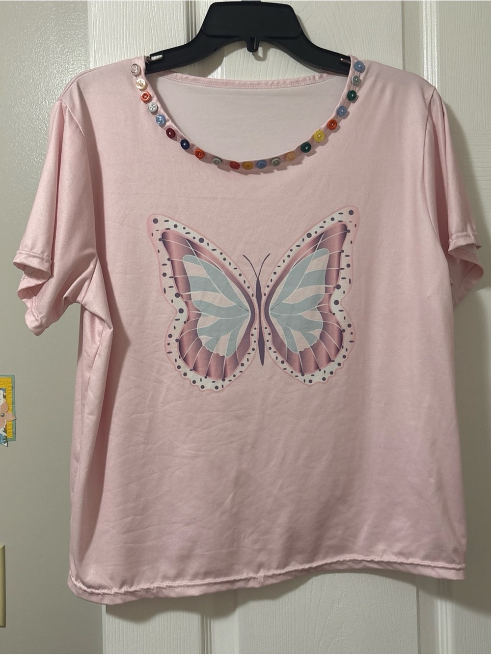 Women's Pink Butterfly Graphic Tee with Button Trim Neckline (Brand: )